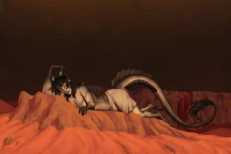 Smokey raffle prize digital drawing of a humanoid figure lounging on a rock in a desert.