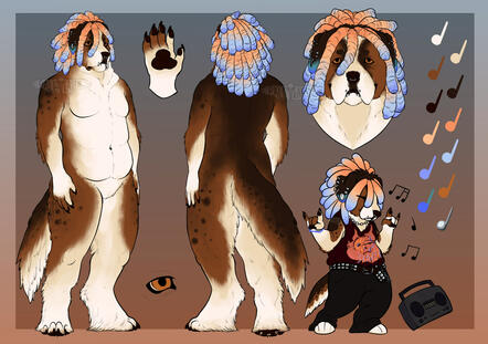 Junyor ref sheet commission digital drawing of an anthro burmese mountain dog with 80's themes to be used as a reference
