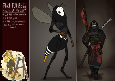 Flat Full Body commission prices image depicts the following text: Flat Full Body! Starts at 45 USD! + 23 USD per extra character + 3 to 8 USD per prop + 8 USD per complex character + 10% final price for colored lineart