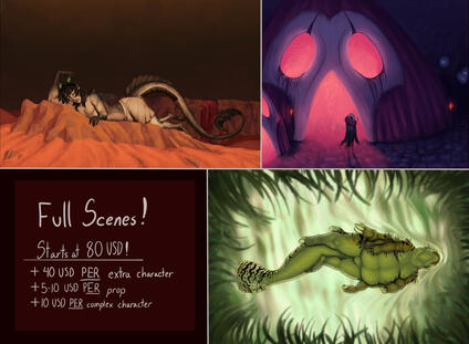 Full Scene commission prices image depicts the following text: Full Scenes! Starts at 80 USD! + 40 USD per extra character + 5 to 10 USD per prop + 10 USD per complex character